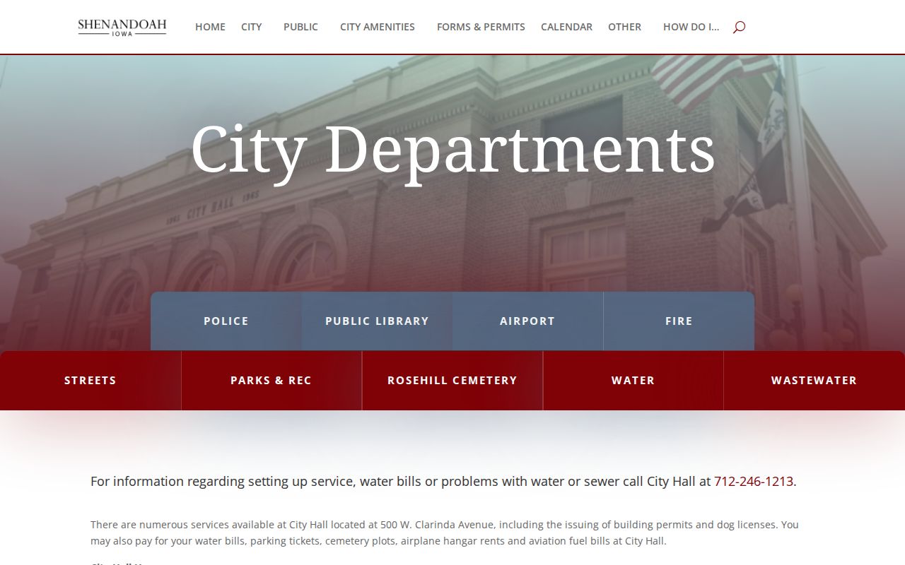 Official City of Shenandoah departments page showing police contact information