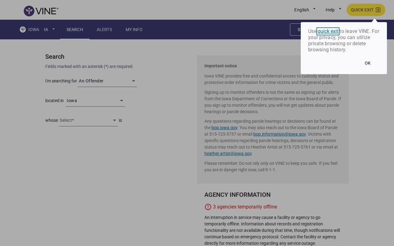 VINELink Iowa person search for a Page County custody record