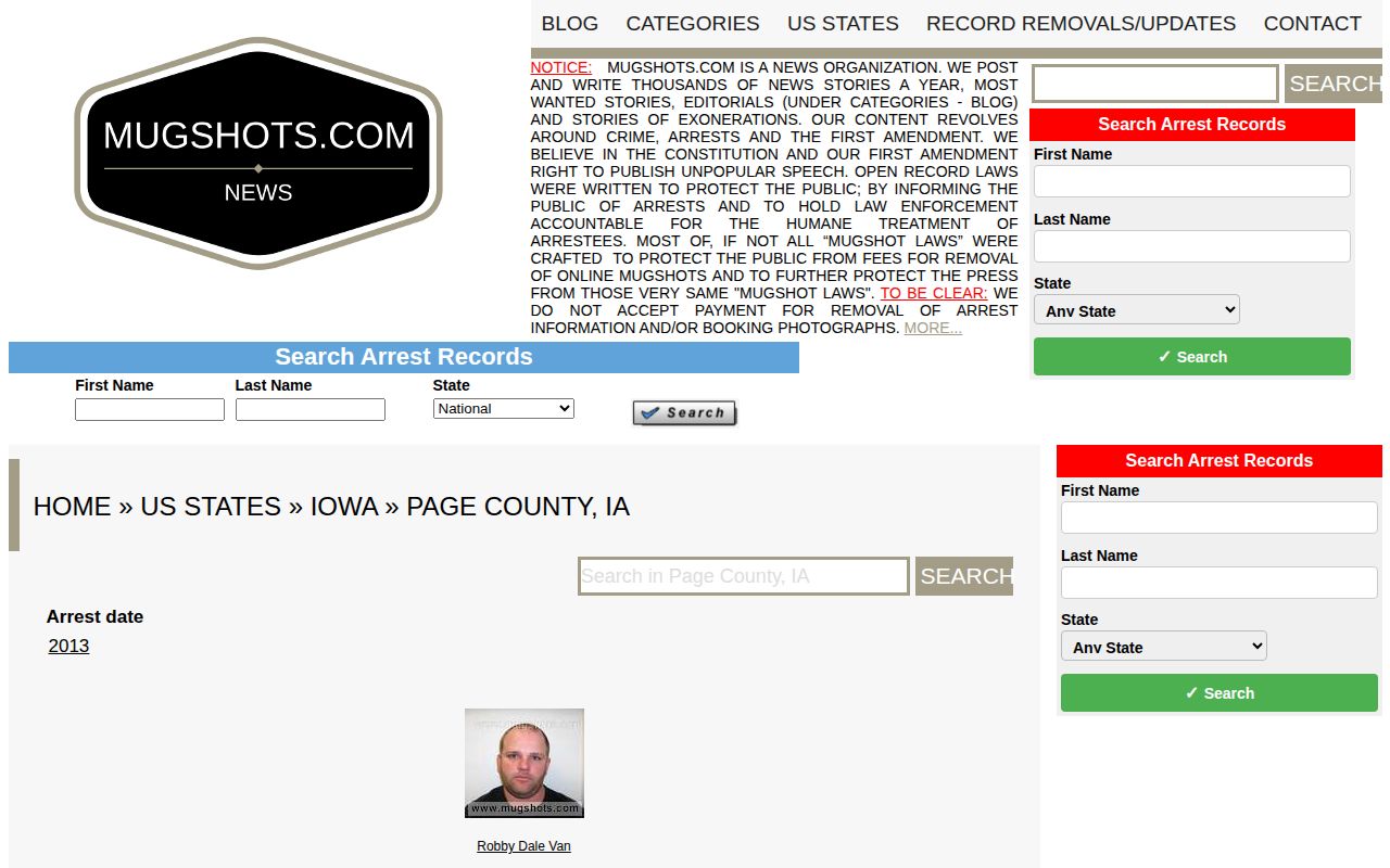 Unofficial Page County arrest directory shown with archive caveat