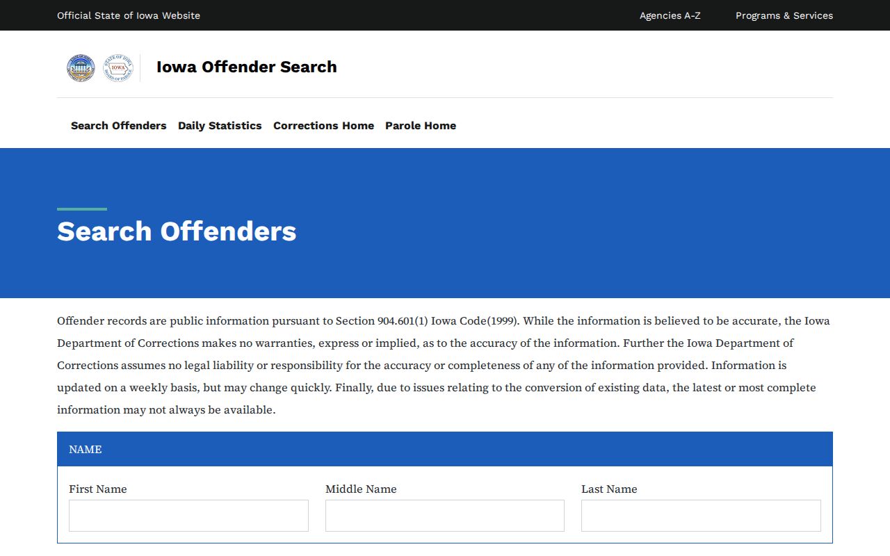 Iowa DOC Page County offender record search